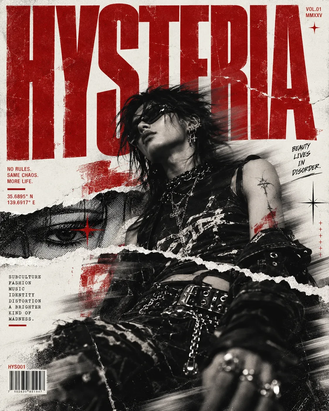 Portada Hysteria Vol.01: modelo con estética punk y título HYSTERIA en rojo